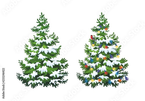 Vector illustration of decorated christmas tree in snow on white background. Green fluffy christmas pine, isolated on white background 1.3
