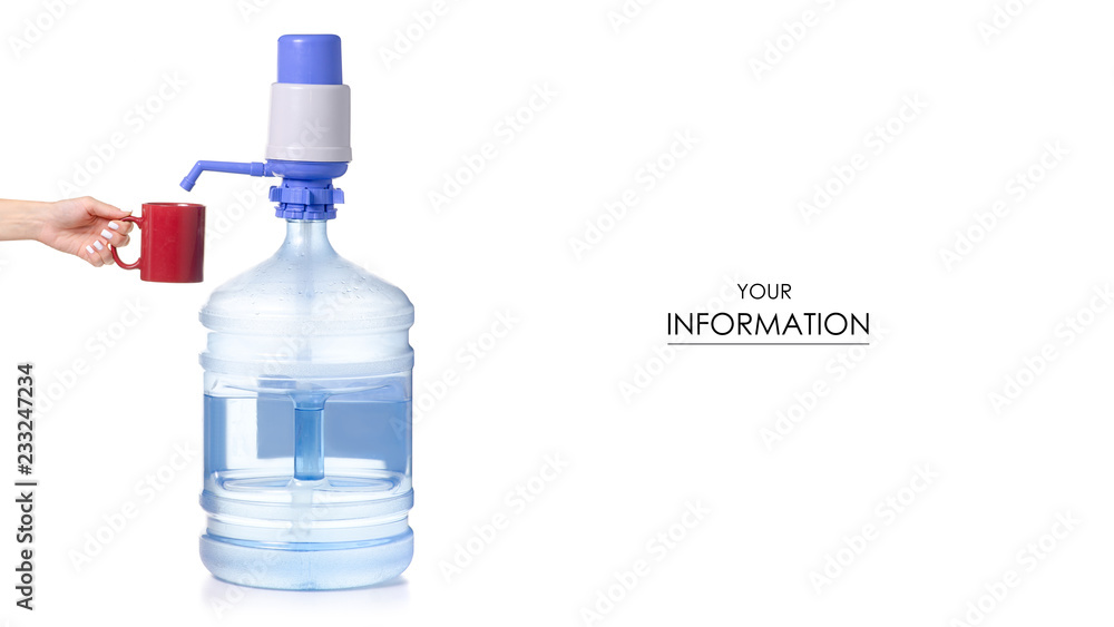 Bottle water pump mug in hand pattern on white background isolation Bottle water pump mug in hand pattern on white background isolation