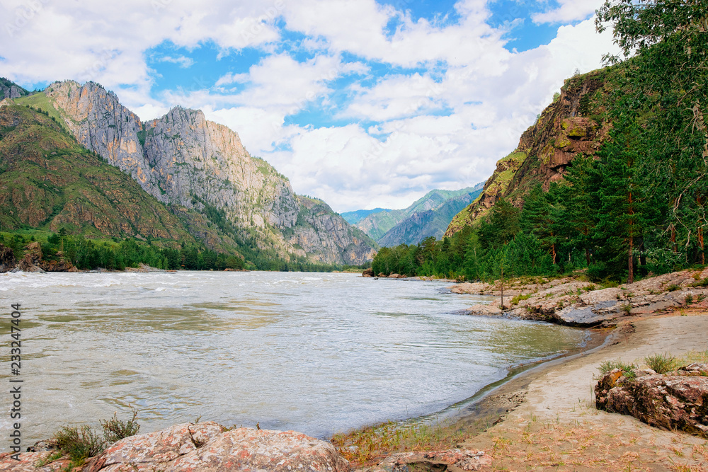 Nature with Altai mountains and Katun River in Siberia