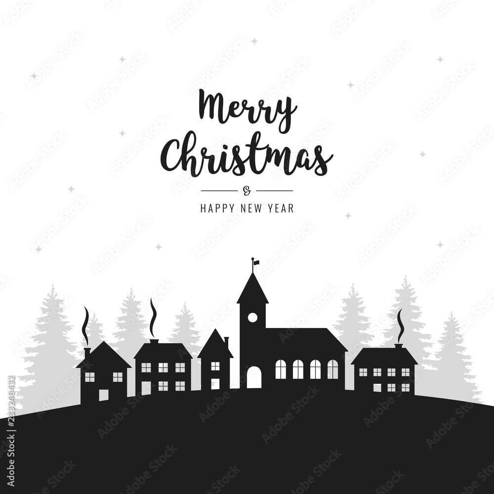 Christmas winter landscape village greetings silhouette background