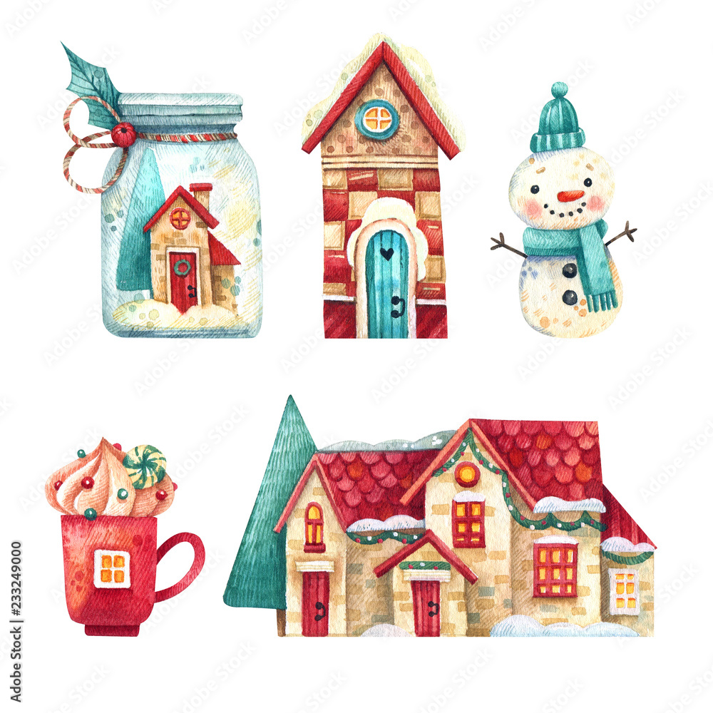 Christmas set of watercolor elements. Houses snowmen, gingerbread, candy, toys and decor. Christmas set of watercolor elements. Houses snowmen, gingerbread, candy, toys and decor.
