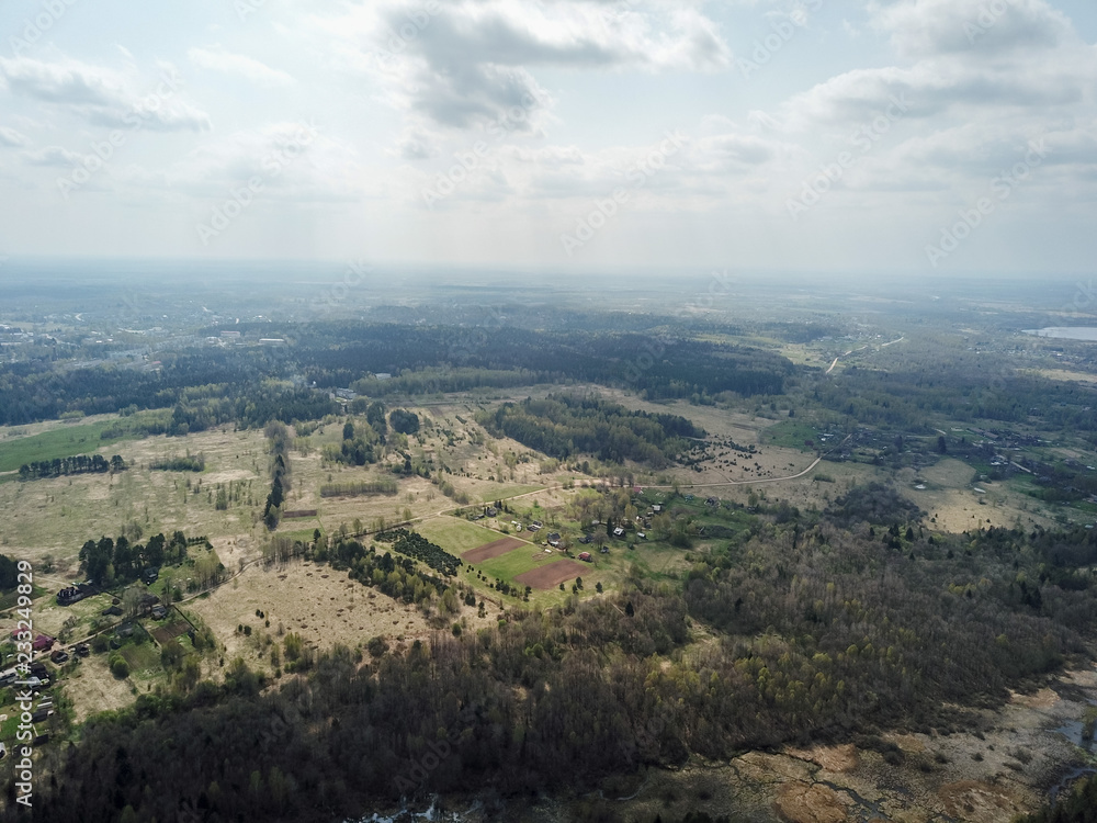 Top view landscape with forest from drone