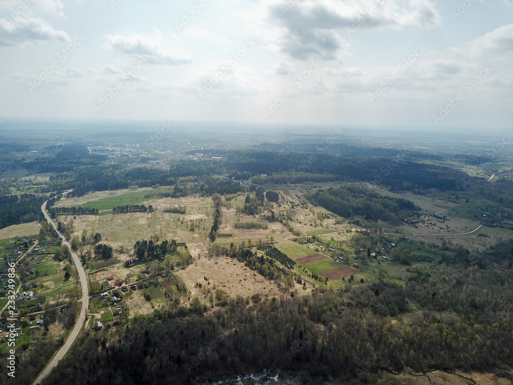 Fototapeta premium Top view landscape with forest from drone