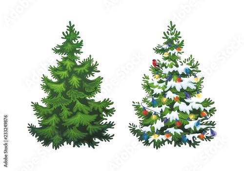 Vector illustration of decorated christmas tree in snow on white background. Green fluffy christmas pine, isolated on white background 1.2