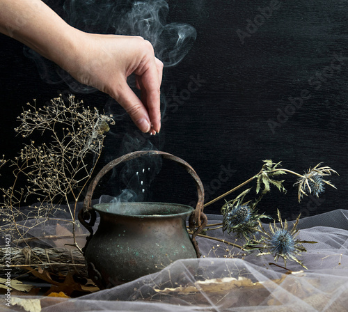 Magic pot with herbs and witchcraft