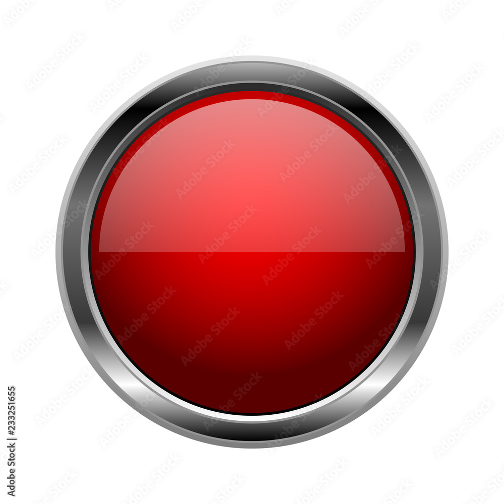 Red glass button. Round 3d shiny icon with metal frame Red glass button. Round 3d shiny icon with metal frame