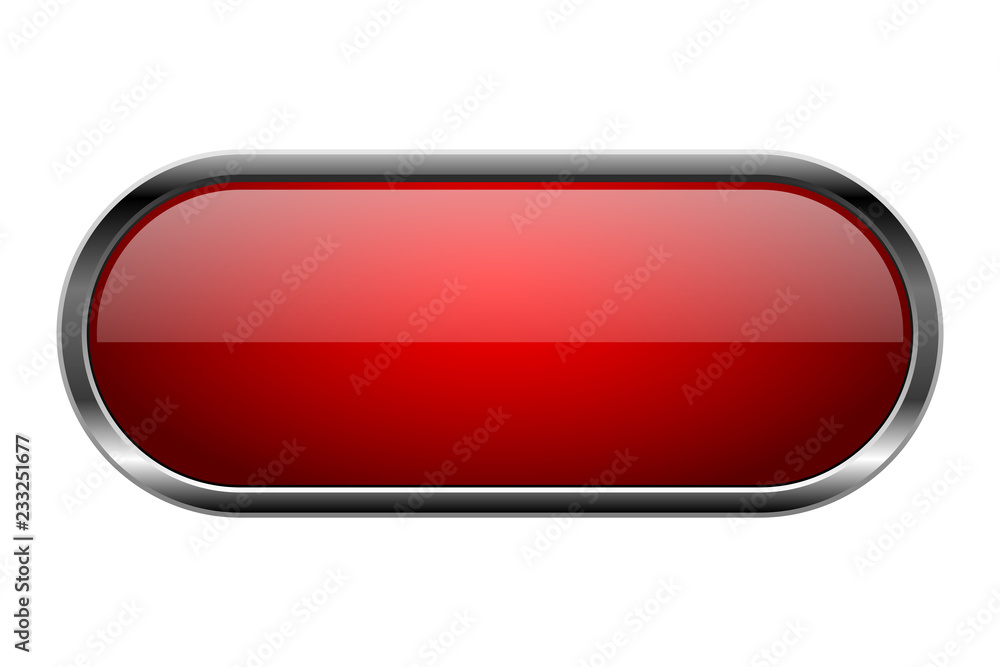 Red glass button. Oval 3d shiny icon with metal frame Red glass button. Oval 3d shiny icon with metal frame
