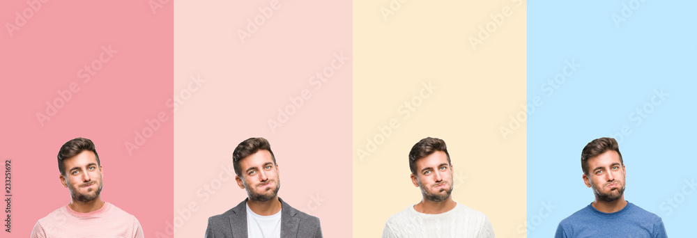 Collage of handsome young man over colorful stripes isolated background puffing cheeks with funny face. Mouth inflated with air, crazy expression. Collage of handsome young man over colorful stripes isolated background puffing cheeks with funny face. Mouth inflated with air, crazy expression.
