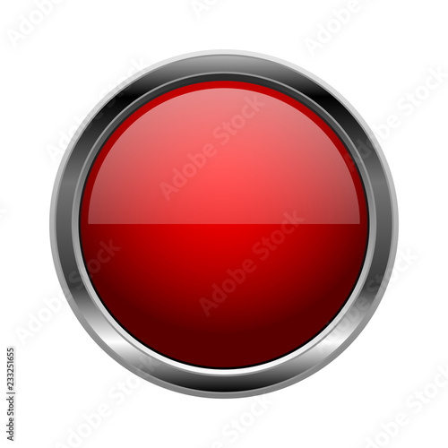 Red glass button. Round 3d shiny icon with metal frame