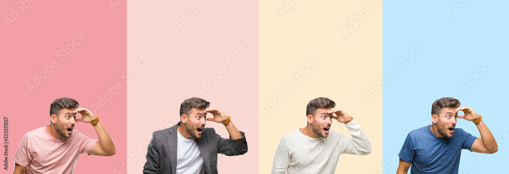 Obraz premium Collage of handsome young man over colorful stripes isolated background very happy and smiling looking far away with hand over head. Searching concept.