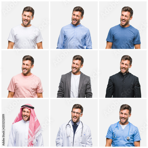 Collage of young doctor arab business man isolated background winking looking at the camera with sexy expression, cheerful and happy face.