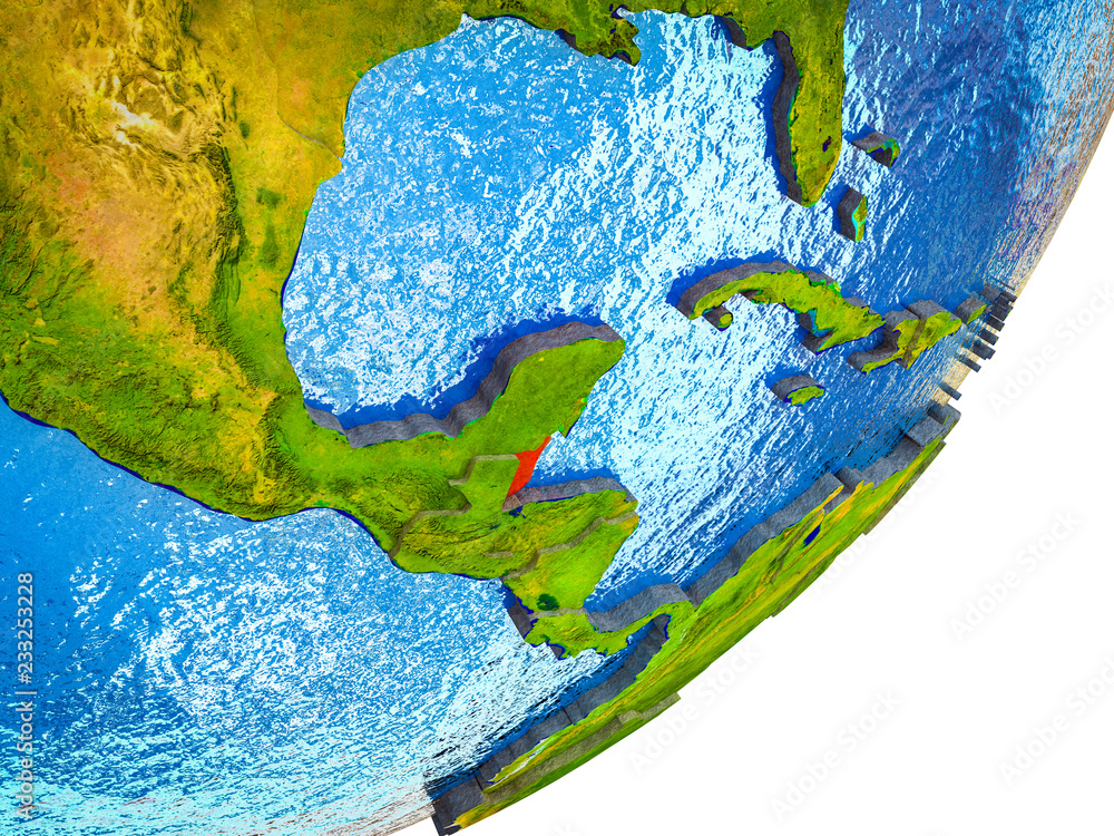 Belize on 3D model of Earth with water and divided countries.