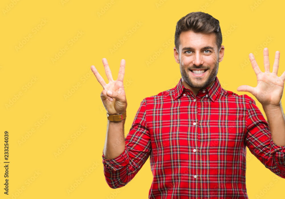 Young handsome man over isolated background showing and pointing up with fingers number eight while smiling confident and happy. Young handsome man over isolated background showing and pointing up with fingers number eight while smiling confident and happy.