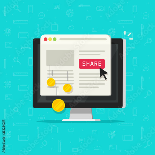 Per pay click or cost per click technology, flat cartoon computer with internet marketing share button vector, online website advertising, sharing digital content and making money, monetization