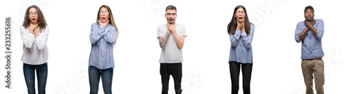 Slika na platnu Group and team of young business people over isolated white background shouting and suffocate because painful strangle