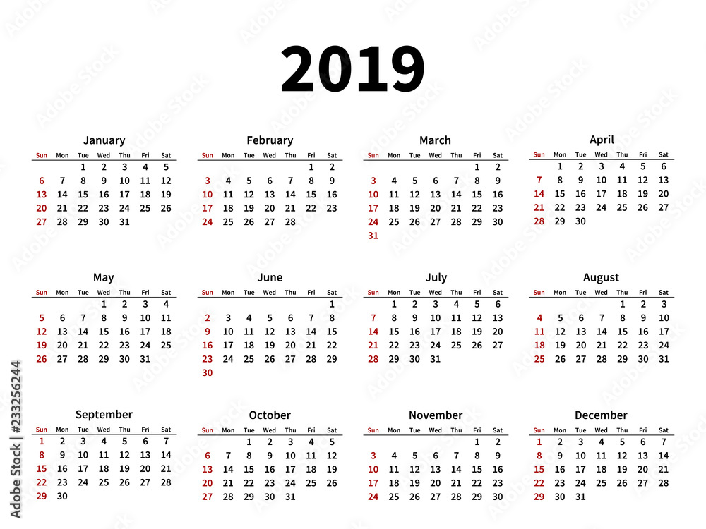 Calendar layout for 2019 year on white background Calendar layout for 2019 year on white background