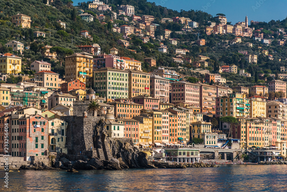 The colored houses of Camogli seen from the sea