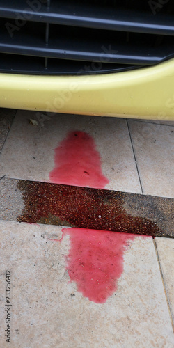 Brake fluid leak, overflow under the car on ground floor is red color