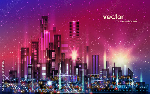 City Skyline Night cityscape with illuminated buildings and road, illustration with architecture, skyscrapers, megapolis, buildings, downtown.