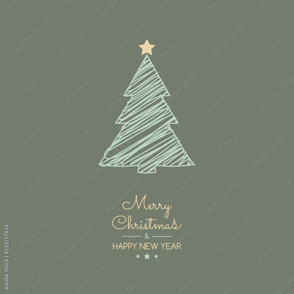 Merry Christmas and Happy New Year - card with hand drawn tree. Vector.