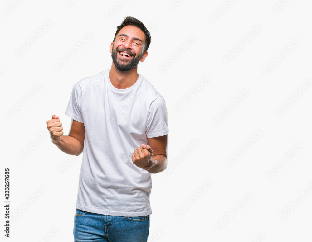 Adult hispanic man over isolated background very happy and excited doing winner gesture with arms raised, smiling and screaming for success. Celebration concept. Adult hispanic man over isolated background very happy and excited doing winner gesture with arms raised, smiling and screaming for success. Celebration concept.