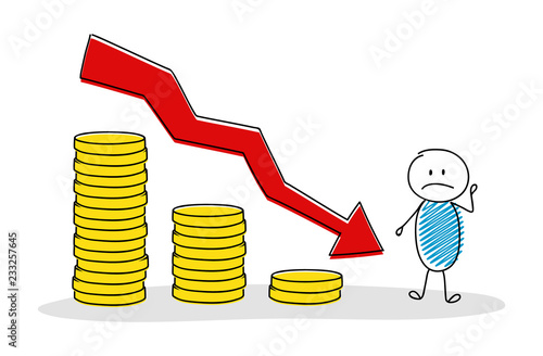 Cartoon stickman showing graph with coin stacks. Vector.