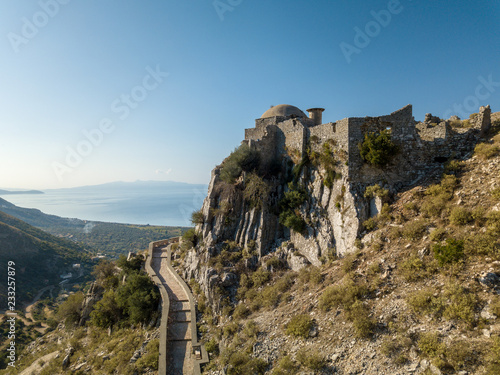 Drone view of Borsh Castle in Borsh (himara) Albania. 13th century castle