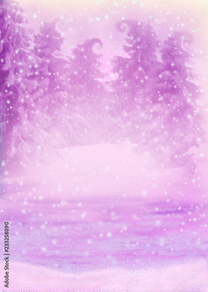 Winter forest in the snow in a blue color with magic trees and falling flakes of snow