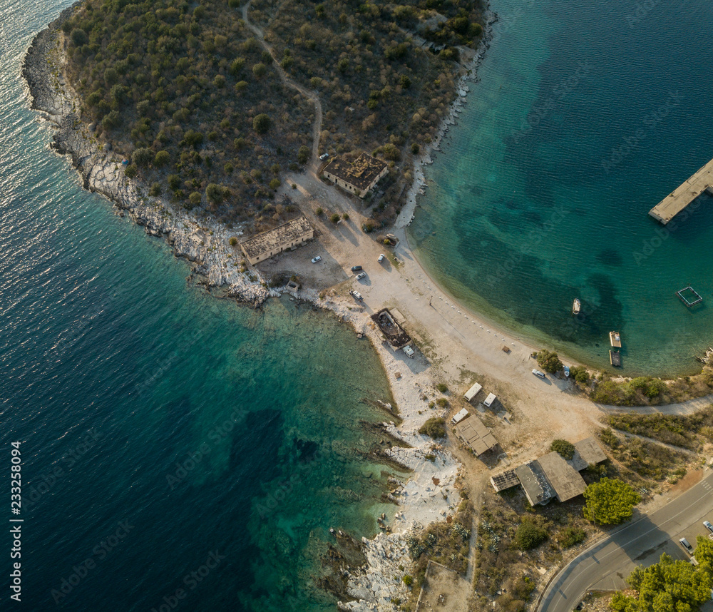 Aerial view of island where Porto Palermo Castle is located.  Himara - Albania