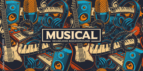 Musical seamless background with different insrtuments photo