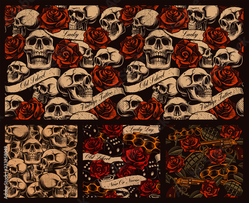 Set of seamless tattoo backgrounds with skulls