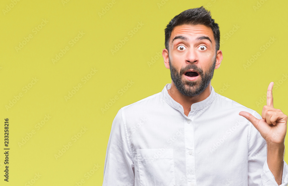 Adult hispanic man over isolated background pointing finger up with successful idea. Exited and happy. Number one. Adult hispanic man over isolated background pointing finger up with successful idea. Exited and happy. Number one.