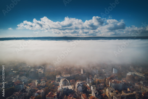 Varna, Bulgaria aerial drone view. Beautiful panorama of Varna city with morning mist. photo