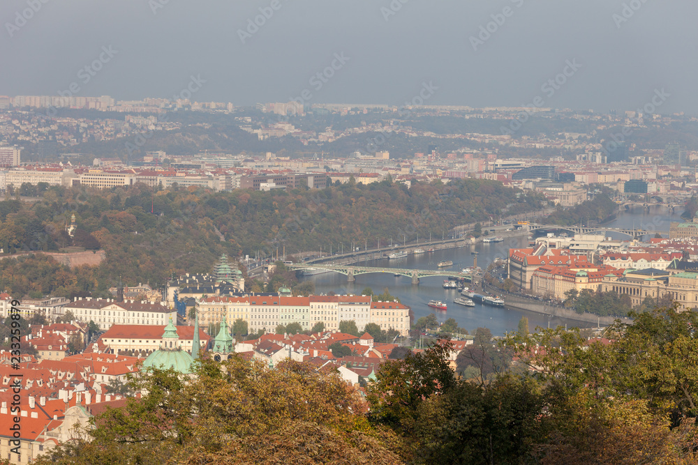 PRAGUE, CZECH REPUBLIC - OCTOBER 09, 2018: View of Prague and Prague Castle from the Petrin Tower.