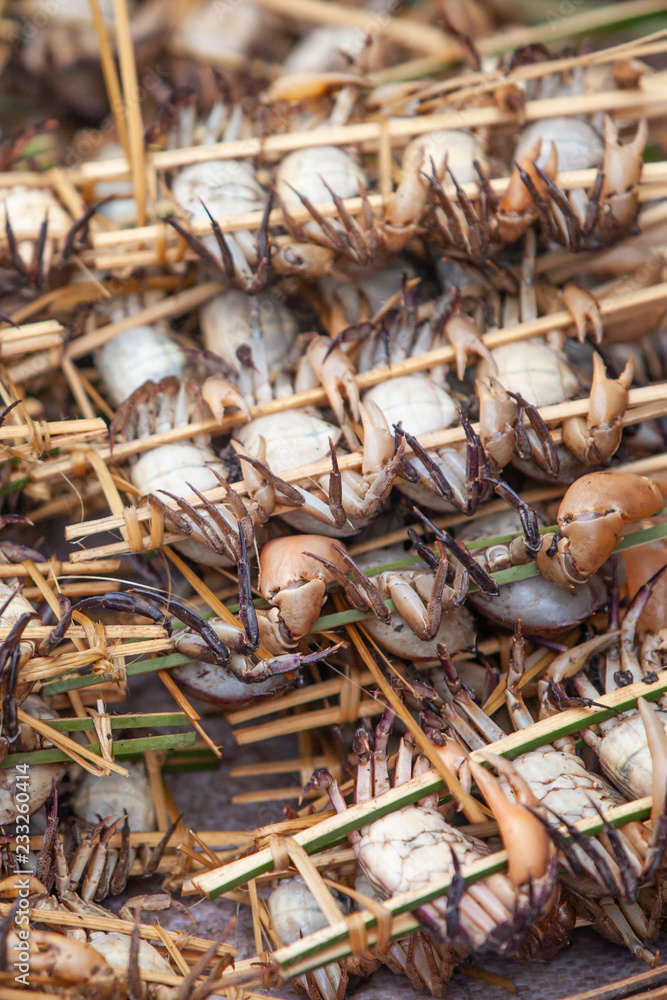 Wild crab with sticks in a wet market in Laos. Wild crab with sticks in a wet market in Laos.