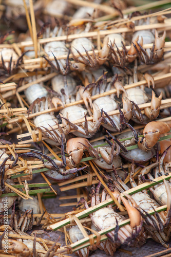 Wild crab with sticks in a wet market in Laos.