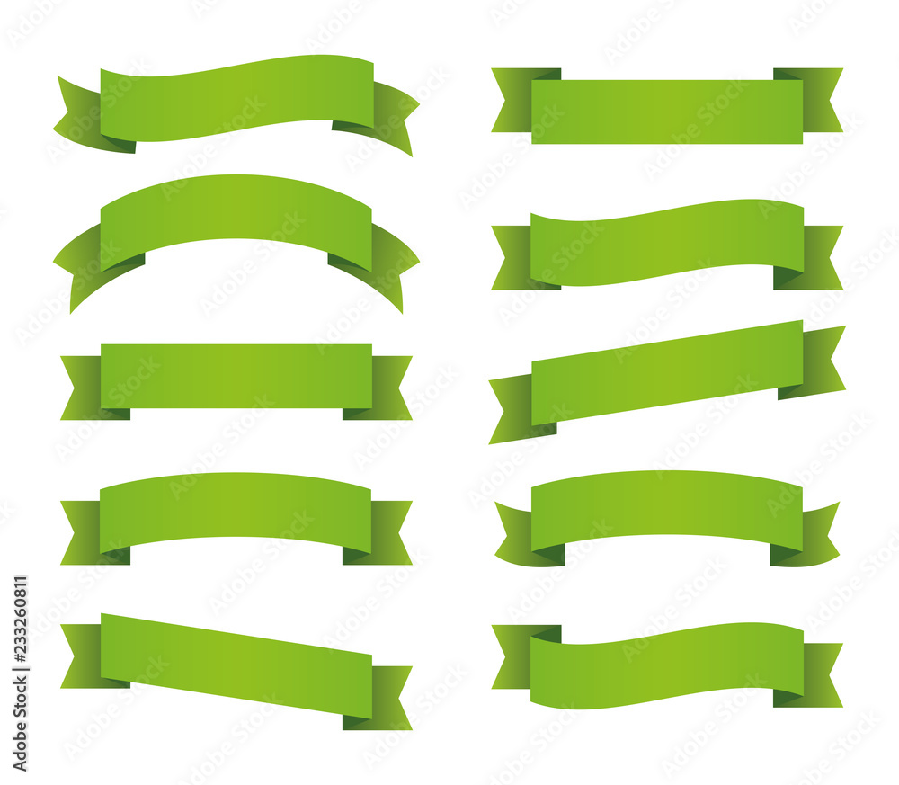 Green ribbons set. Red banners. Vector
