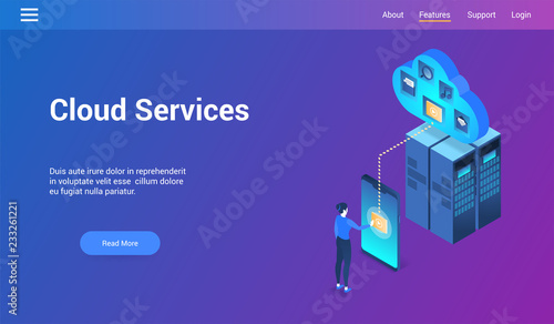 Isometric design concept on cloud services theme. Vector illustration mock-up for website and mobile website. Landing page template.