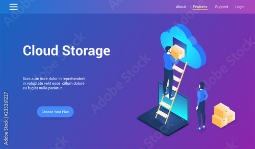 Isometric design concept on cloud storage theme. Vector illustration mock-up for website and mobile website. Landing page template.