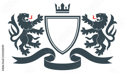Coat of the arms. Vector illustration of black lions and shield. Vintage design heraldic symbols and elements