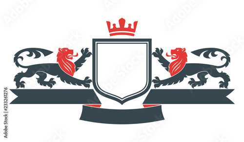 Coat of the arms. Vector illustration of black lions and shield. Vintage design heraldic symbols and elements