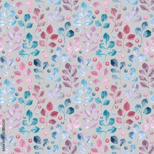 Seamless pattern with watercolor green, blue and pink leaves, berries and branches on pink background, hand drawn image. The background is perfect for fabric, paper, etc.