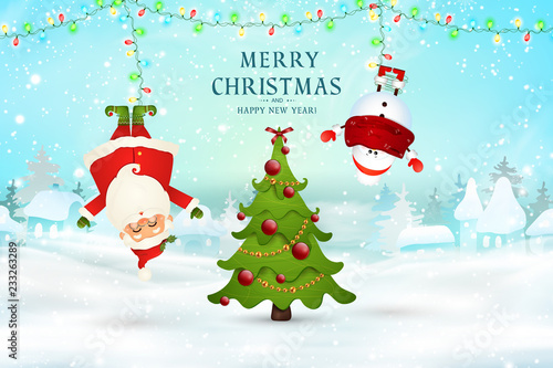 Merry Christmas. Happy new year. Santa Claus, snowman hanging upside down in christmas snow scene with falling snow, garlands, christmas tree. Happy Santa Claus cartoon character in winter landscape.