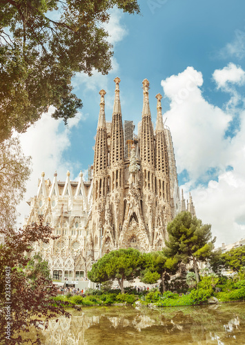 BARCELONA, SPAIN - 11 JULY 2018: Sagrada Familia Cathedral. It is main landmark of Barcelona and designed by architect Antonio Gaudi, being build since 1882