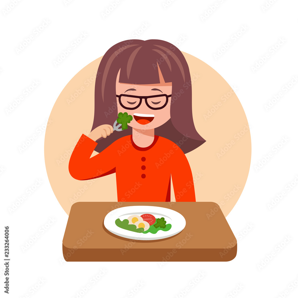 Cute curtoon vector illustration of girl sad with her dinner Cute curtoon vector illustration of girl sad with her dinner