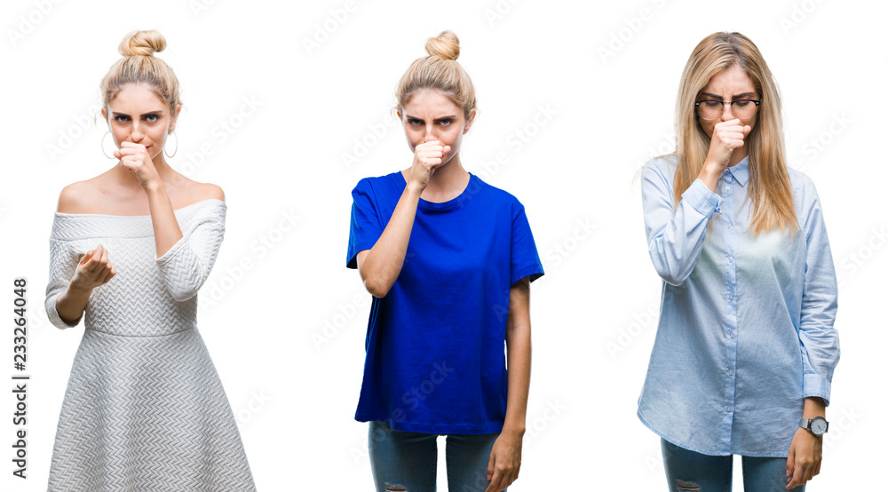 Naklejka premium Collage of young beautiful blonde woman over isolated background feeling unwell and coughing as symptom for cold or bronchitis. Healthcare concept.