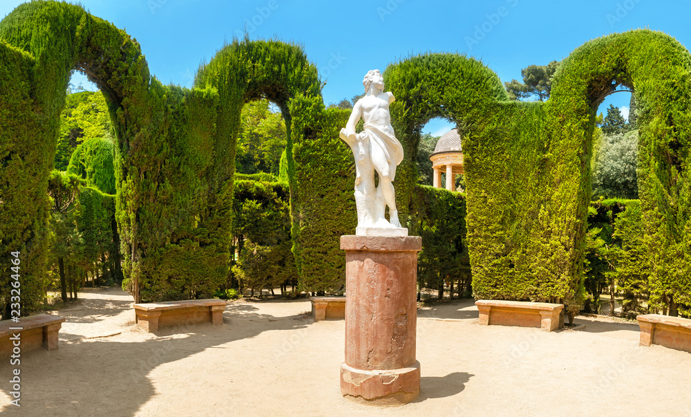 Park and garden with labyrinth maze in Barcelona Spain at summer