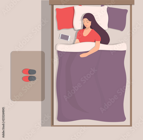 Woman sleeping in her bed, top view. Girl sleeps peacefully. Vector illustration in flat style.