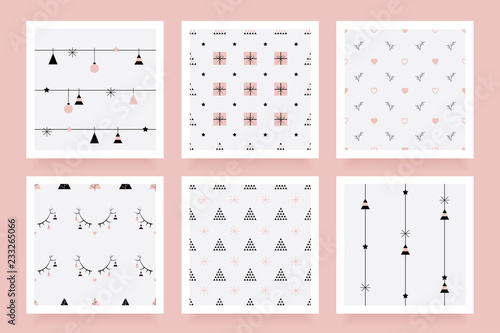 Minimal feminine Christmas seamless pattern collection in rose gold color hue
