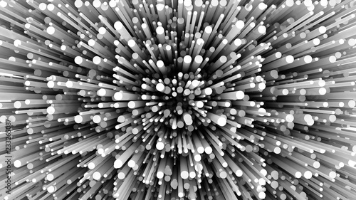 3d render cylinders background. Geometric shapes. Cylinders backdrop. Trendy modern wallpaper. 3d illustration. Fiber. Futuristic. Particle explosion. Spore. Abstract texture.